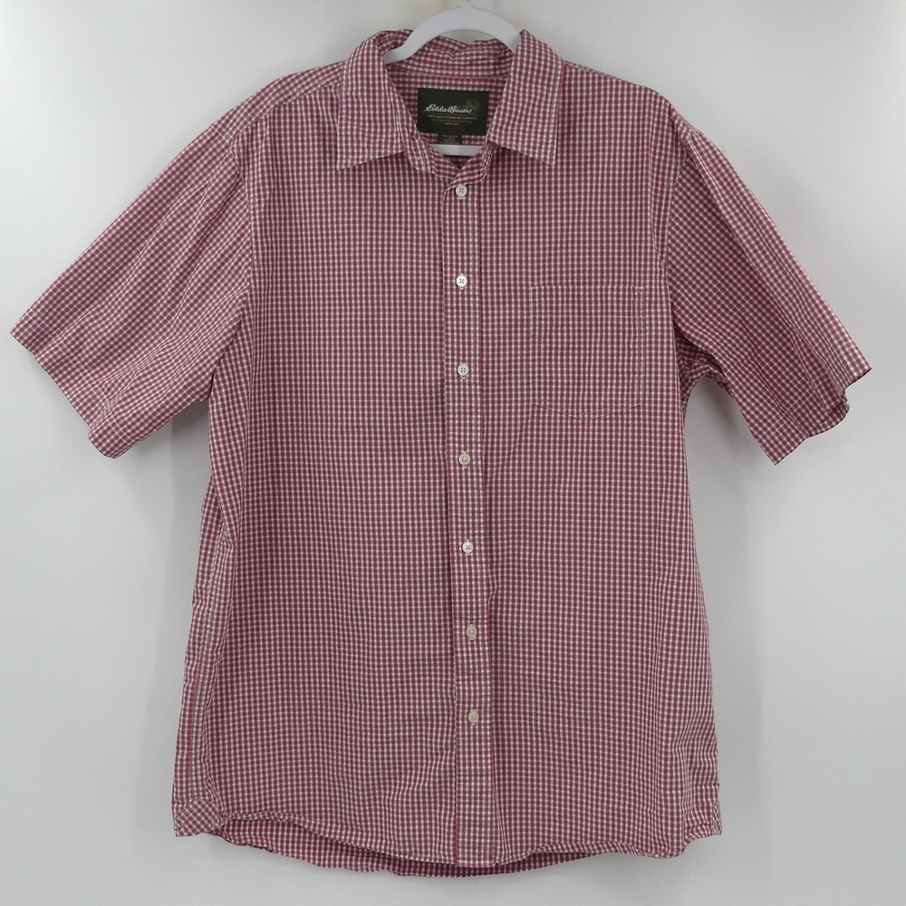 Eddie Bauer Short Sleeve Button Up‎ Shirt Red Check Men's Large Tall LT